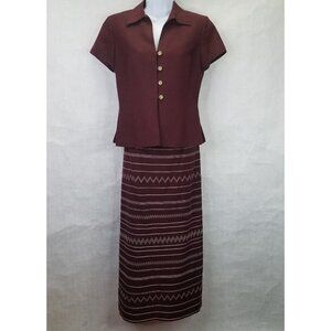 KASPER Skirt Suit Women Sz 4 Short Sleeve Jacket Burgundy Maxi Skirt Linen Lined